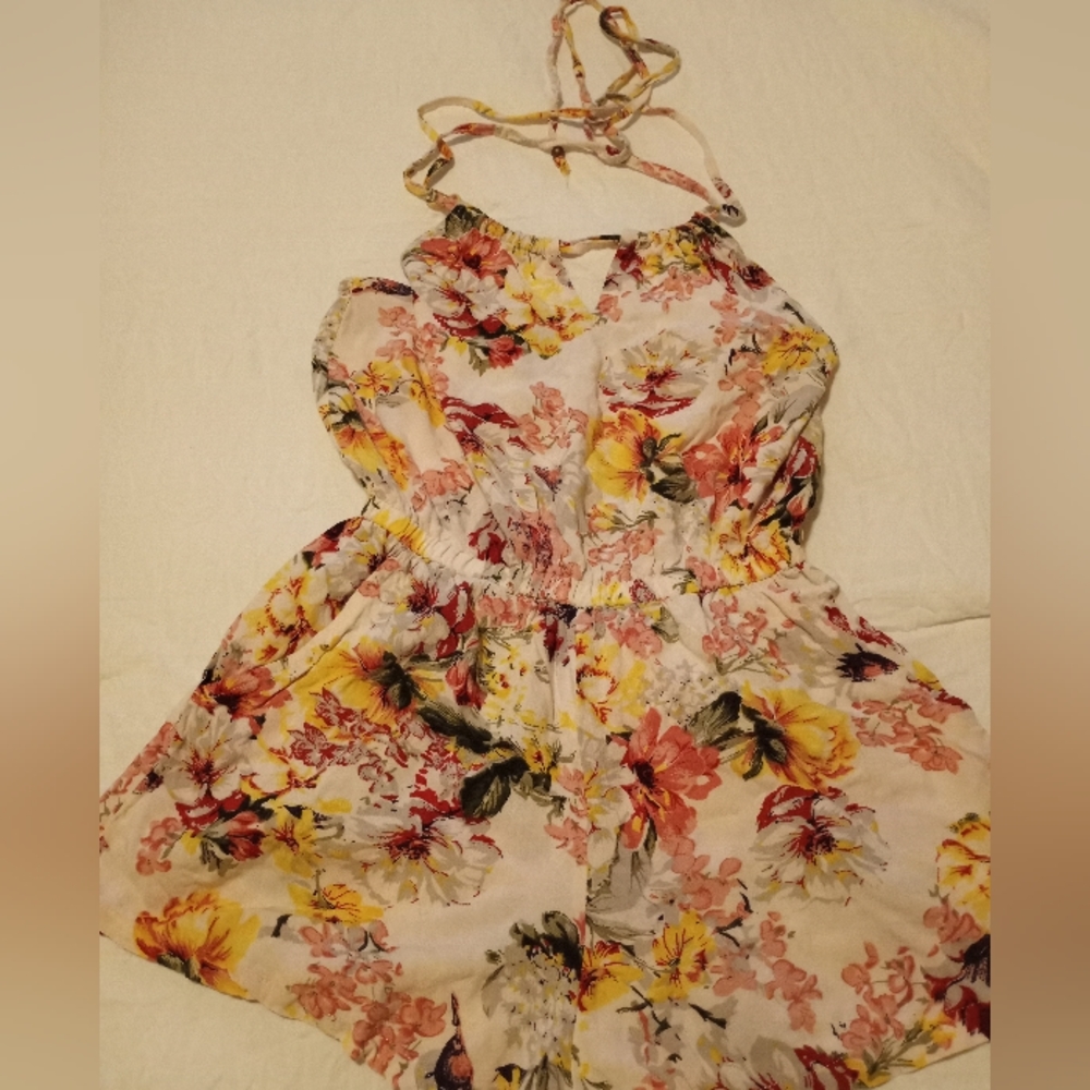 Floral Halter Romper in White and Yellow - Women